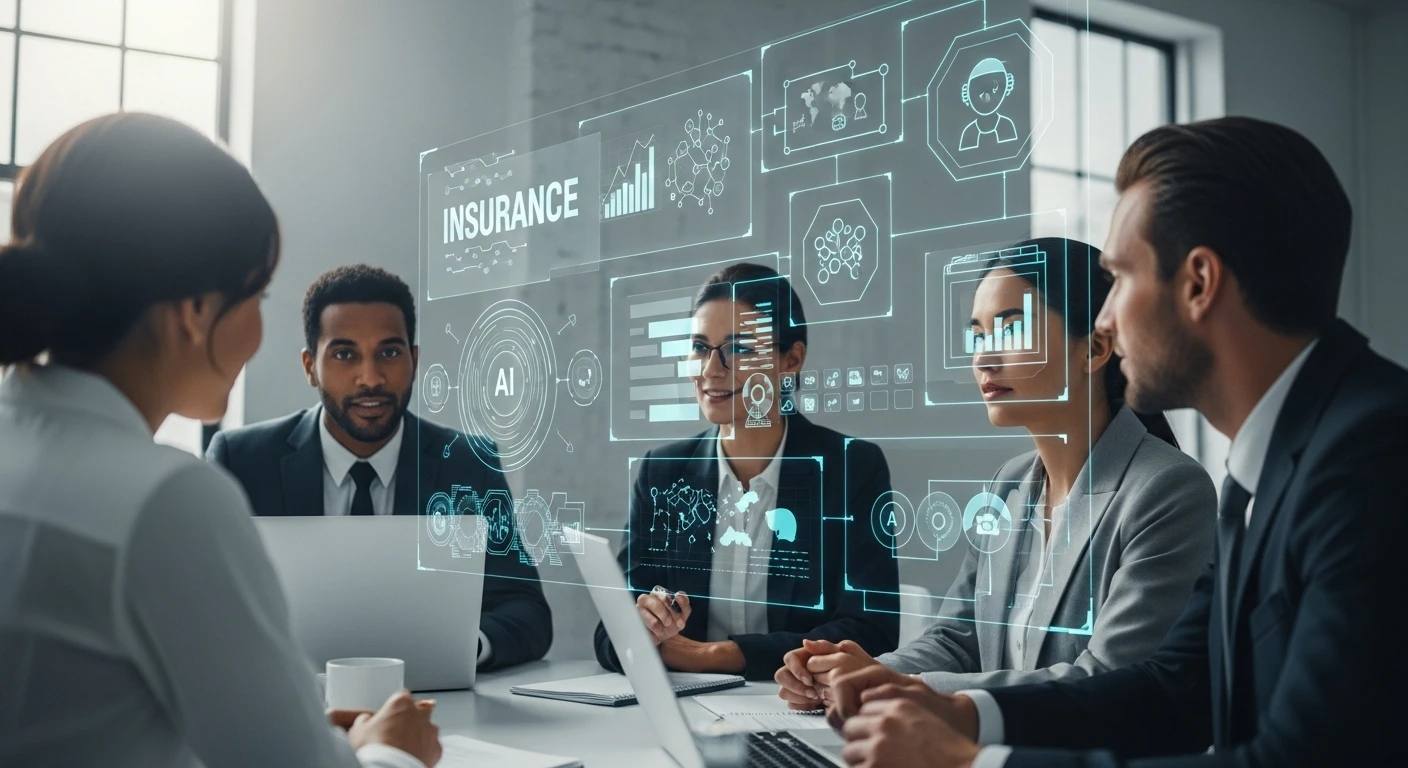 AI and insurance workflows merging through digital graphics and data streams, representing innovation and transformation.