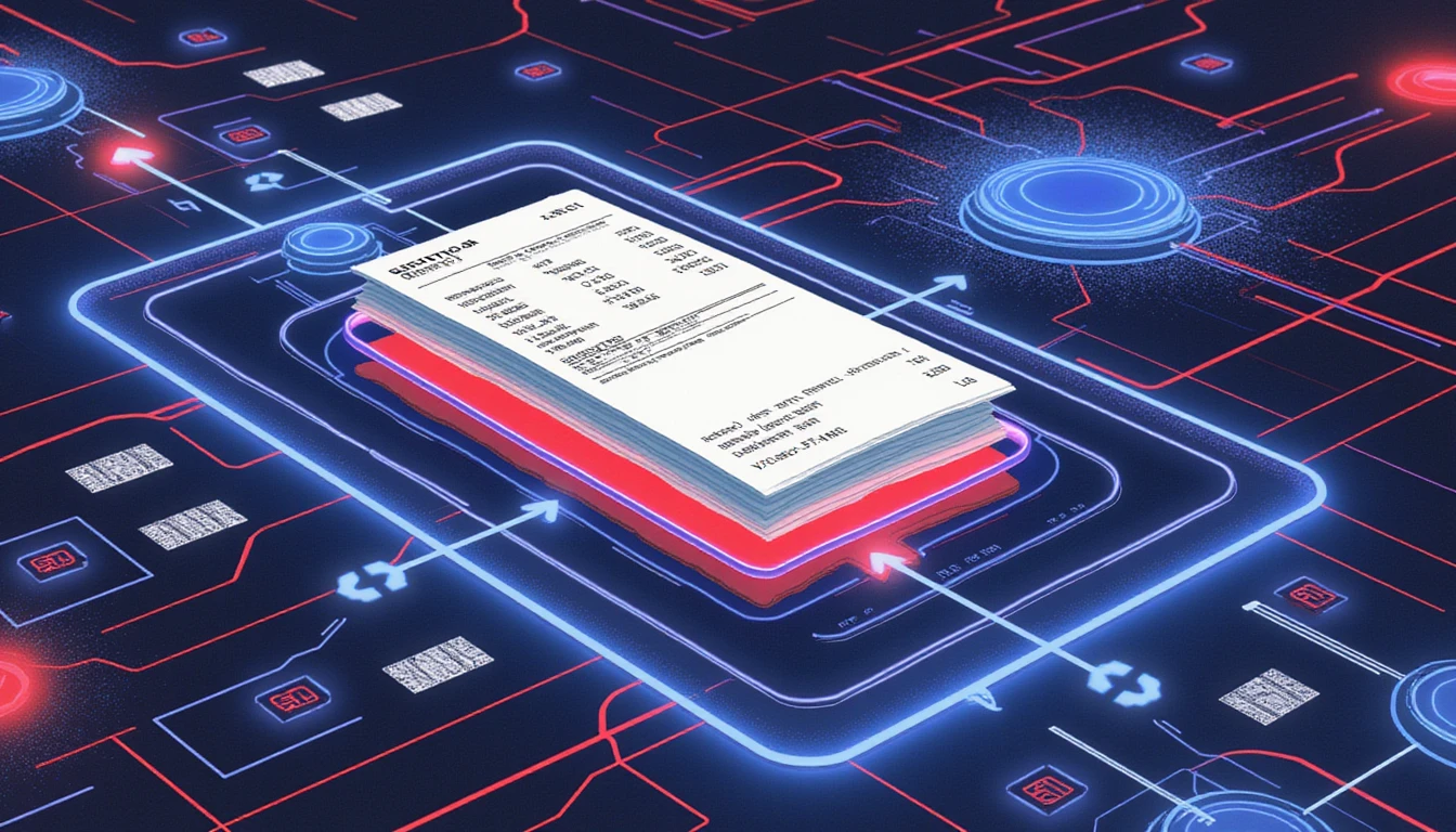 Glowing digital receipt analyzed by neon scanning system, showing AI-driven fraud detection and API-linked expense management