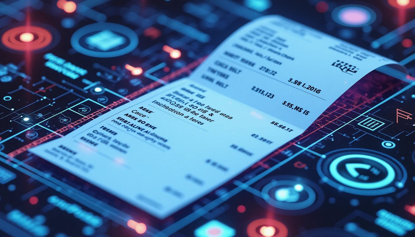 Futuristische Makroansicht der KI-Betrugserkennungsschnittstelle, die digitale Quittungen mit Neon-Datenströmen und gestaffelten Sicherheitssymbolen analysiert