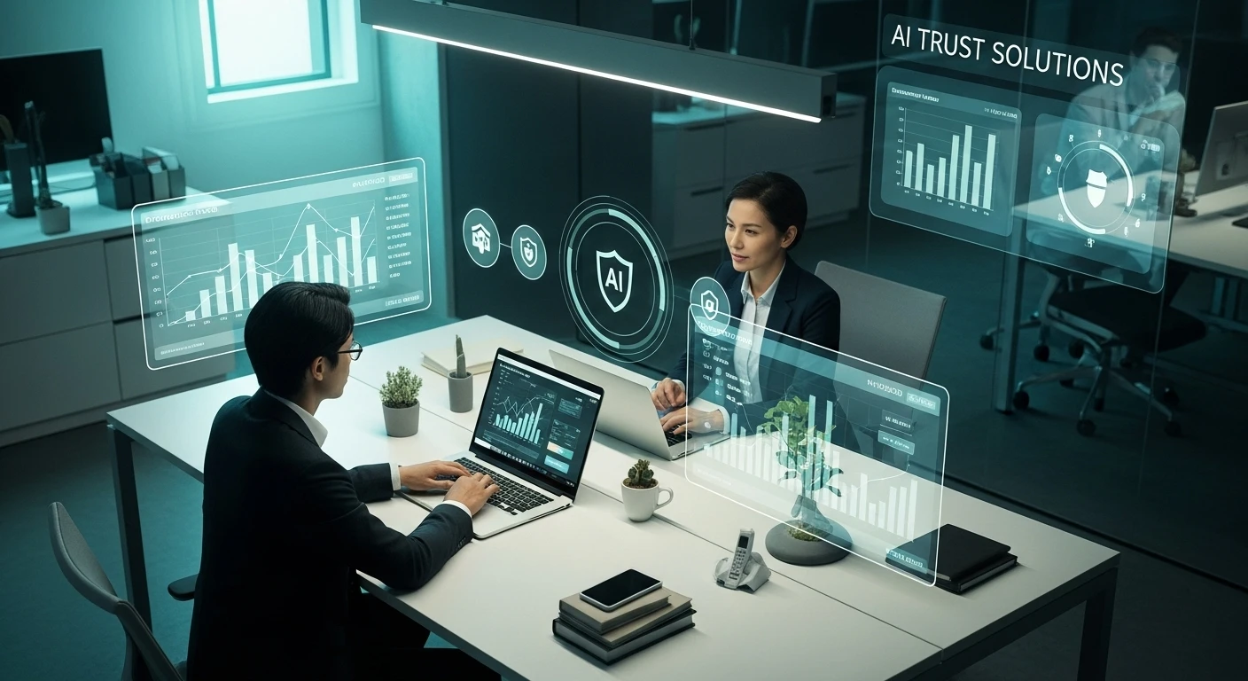Von KI-Tools für Vertrauen im E-Commerce dargestellte digitale Schnittstelle mit sicheren Transaktionssymbolen und analytischen Datendarstellungen.