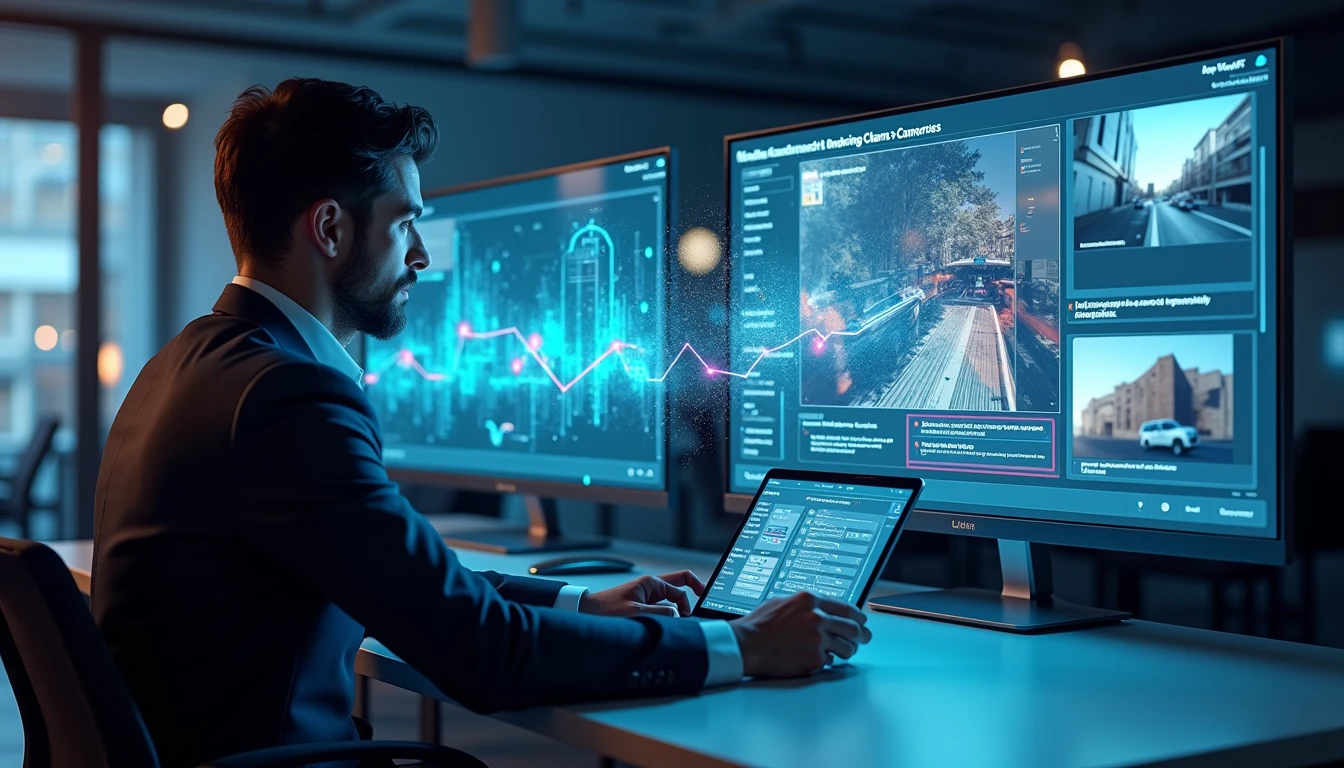 Claims manager analyzes digital images in a neon-lit high-tech office with holographic AI fraud detection interfaces active