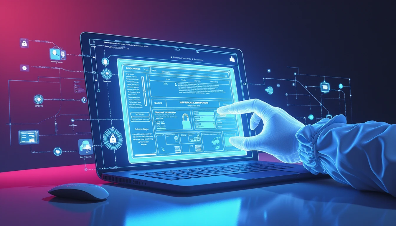 Futuristic AI-powered fraud detection interface scanning a digital document, with neon blue and purple holographic data streams analyzing anomalies.