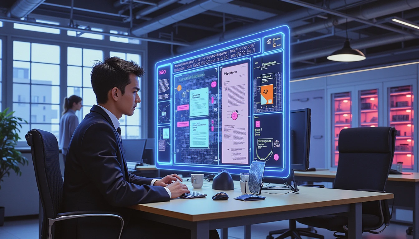 Professional in futuristic office analyzing holographic documents for fraud, with AI-driven data flow and glowing security elements