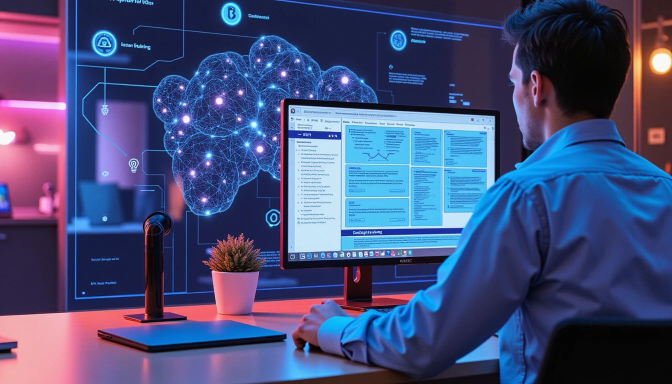 Employee reviews digital insurance claims on-screen in AI-driven office with neon-lit fraud detection diagram in background