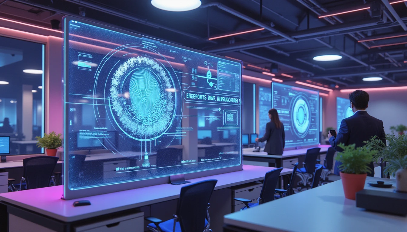 Futuristic insurance office at night with neon lighting, holographic screens, and AI-driven fraud and cybersecurity analysis visuals