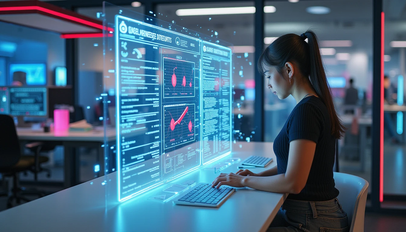 Person analyzing digital expense reports on a glowing screen amid AI data streams, fraud detection visuals, and biometric icons