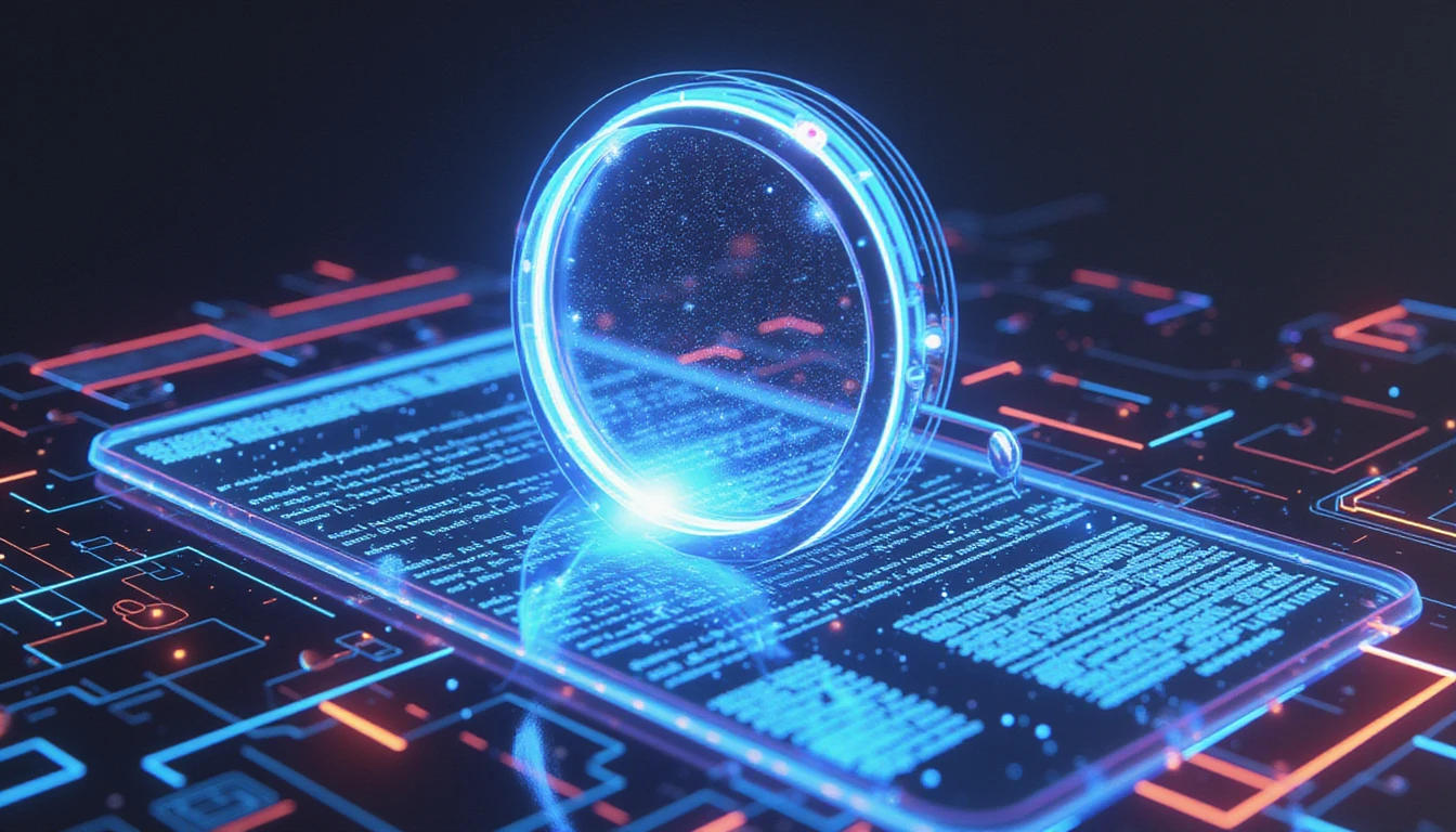 Neon-glow digital illustration of a magnifying glass analyzing a document, revealing hidden fraud with AI, data streams, and security icons.