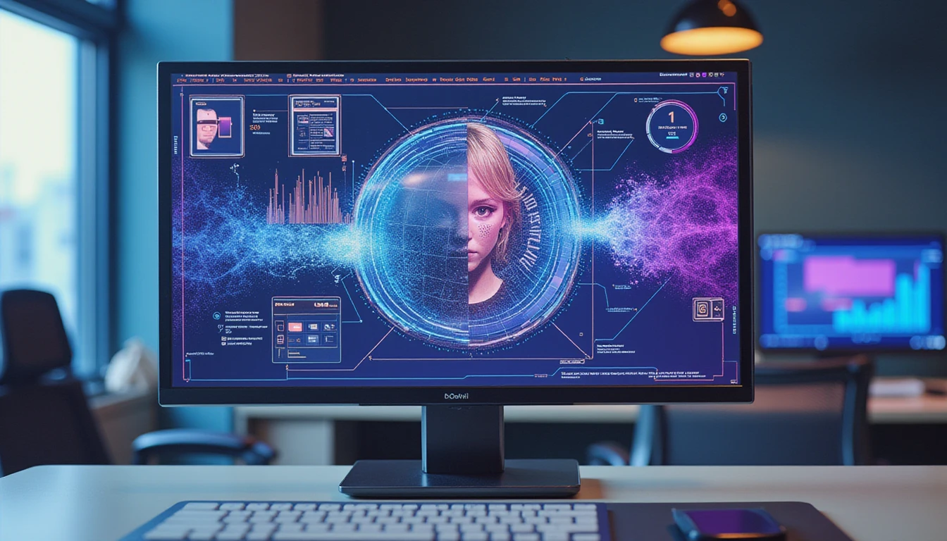 High-tech digital insurance workspace with AI fraud detection interface analyzing image integrity via neon error level analysis diagram