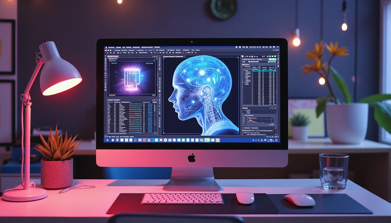 Ultra-realistic macro shot of a high-tech workspace with a neon-lit screen analyzing deepfake fraud using AI-driven facial recognition.