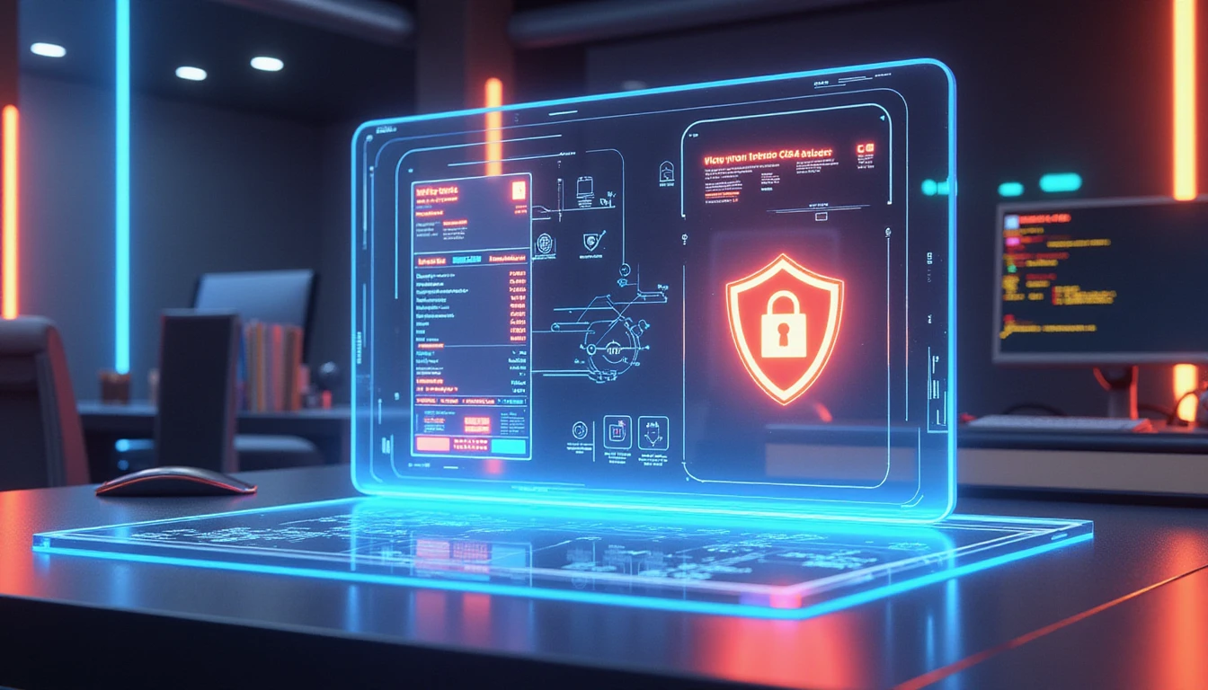 Futuristic AI interface analyzing digital invoice with neural maps, metadata, and security icon in high-tech office setting