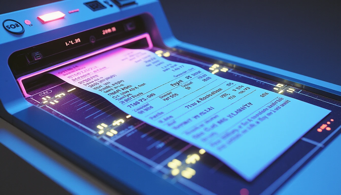 Futuristic AI receipt scanner with glowing data streams and fraud detection nodes, symbolizing secure expense management.