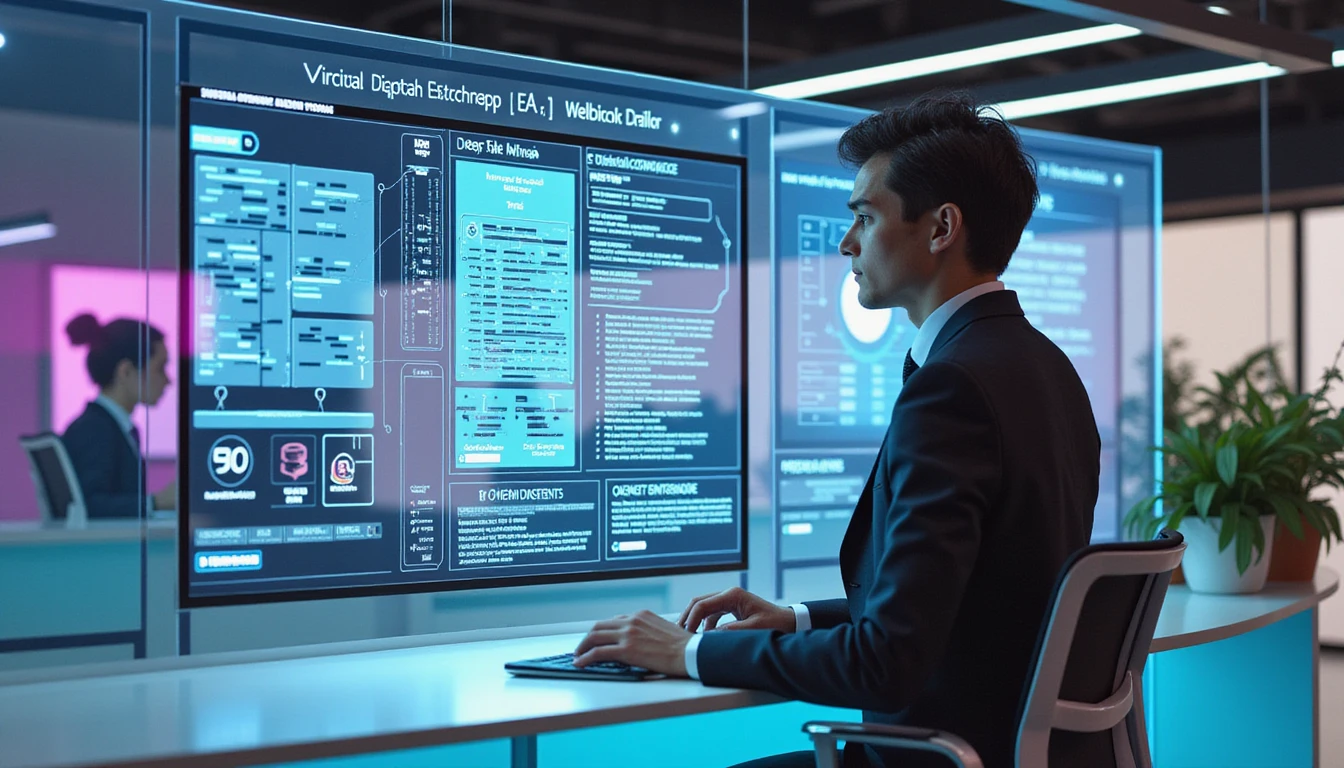 Futuristic insurance office with agent reviewing fraud dashboard, deepfake detection overlay, and client submitting documents.