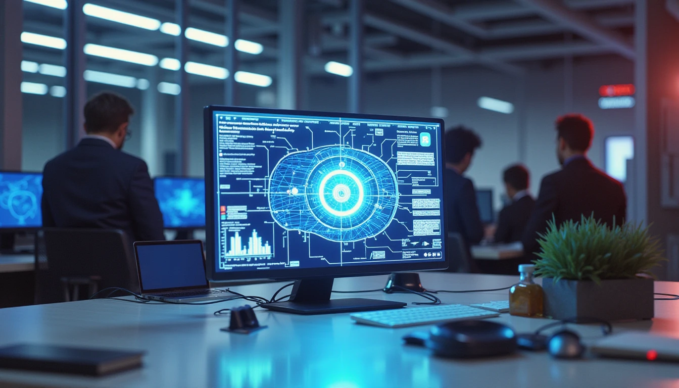 Business professional reviewing AI-powered insurance fraud analytics on a futuristic digital interface with neon holographic elements