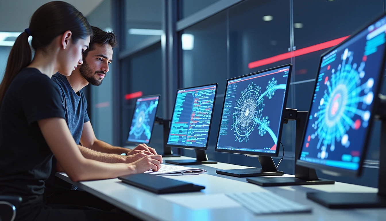 Professionals review flagged digital documents as VAARHAFT's AI Fraud Scanner visualizes metadata analysis in a sleek tech office