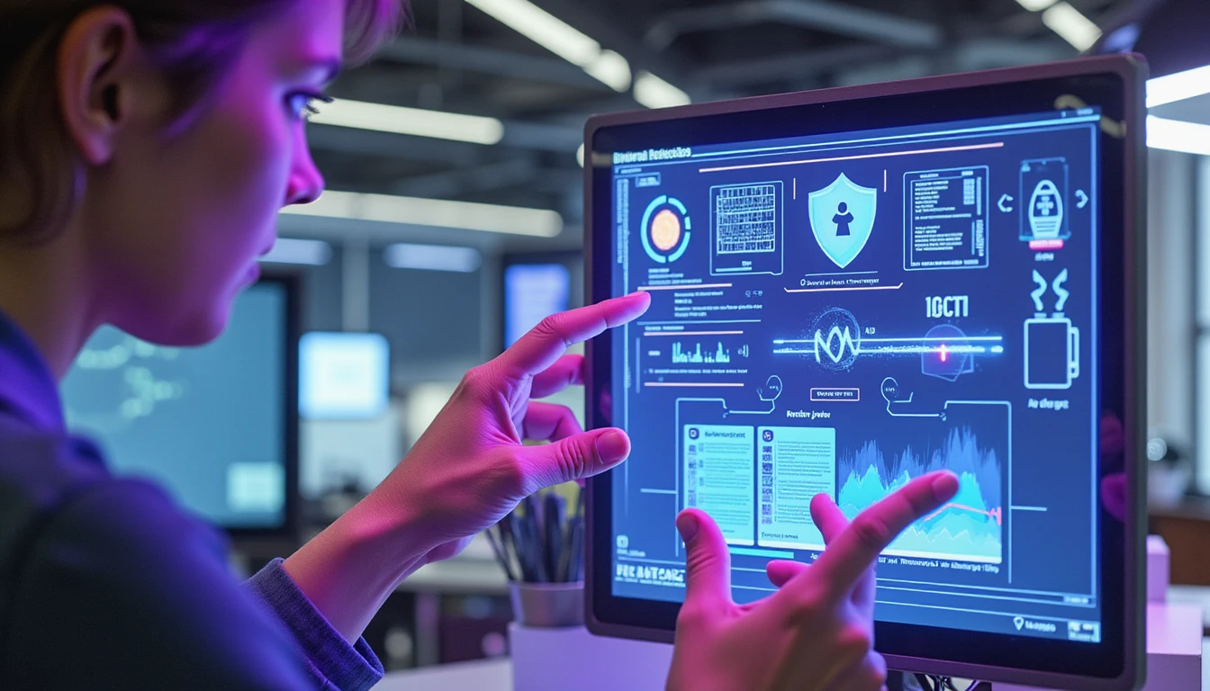 Business professional analyzes digital expense reports on glowing interface with real-time fraud detection visuals in sleek office.