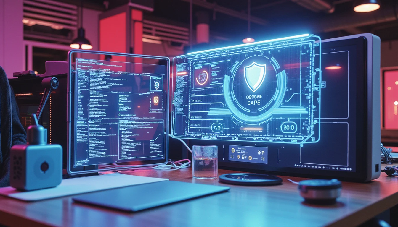 Futuristic office at night with neon-lit AI interface scanning receipts and detecting fraud via holographic data visuals