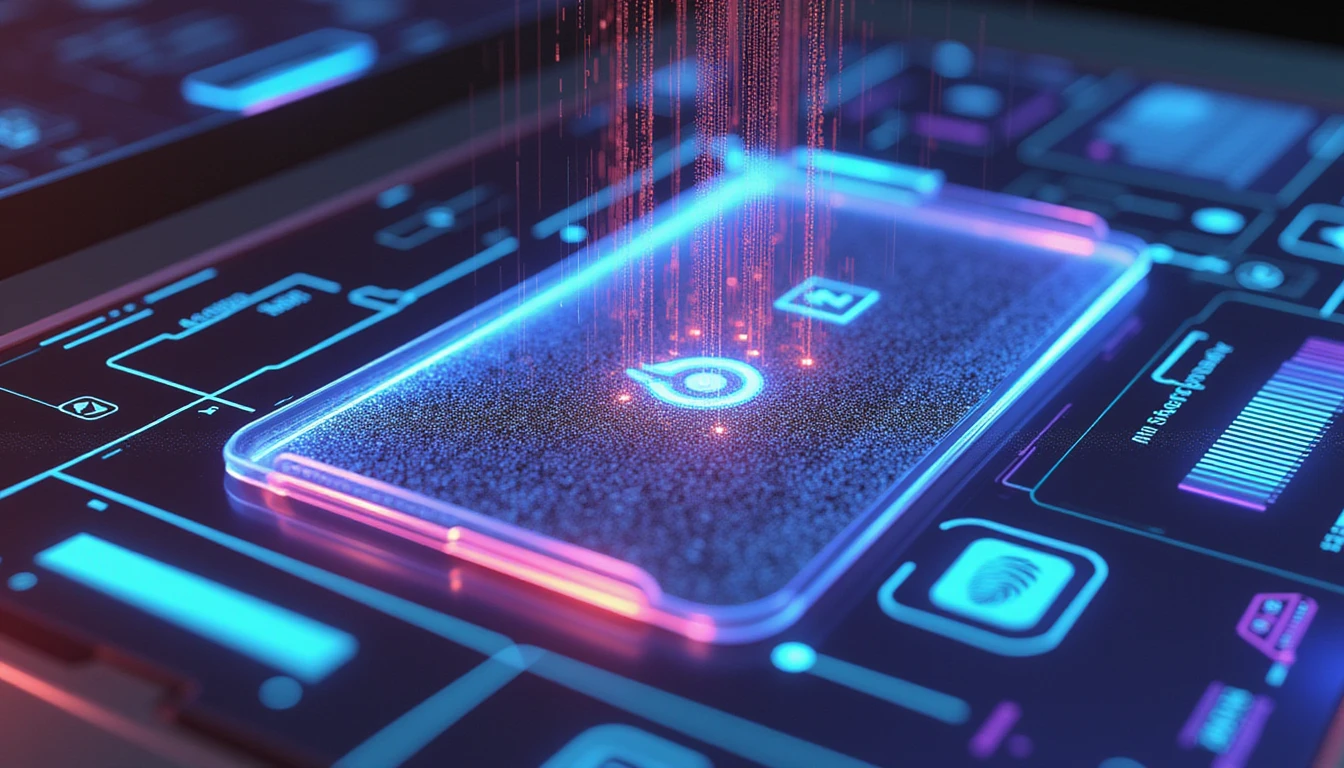 AI system scans digital ID with neon data streams, holographs show biometric checks, symbolizing insurance fraud detection.