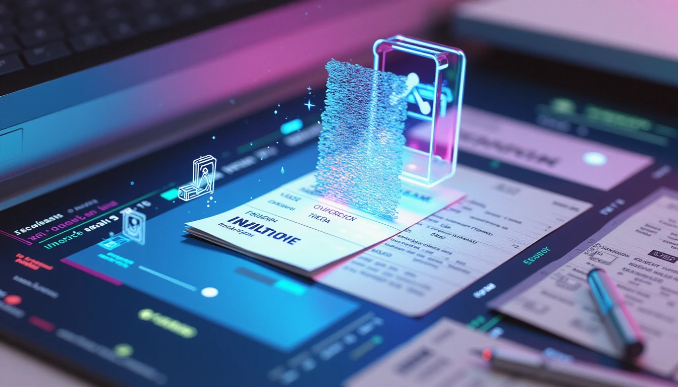 Futuristic digital dashboard with glitching AI-generated receipts scanned by VAARHAFT's neon-lit fraud detection interface