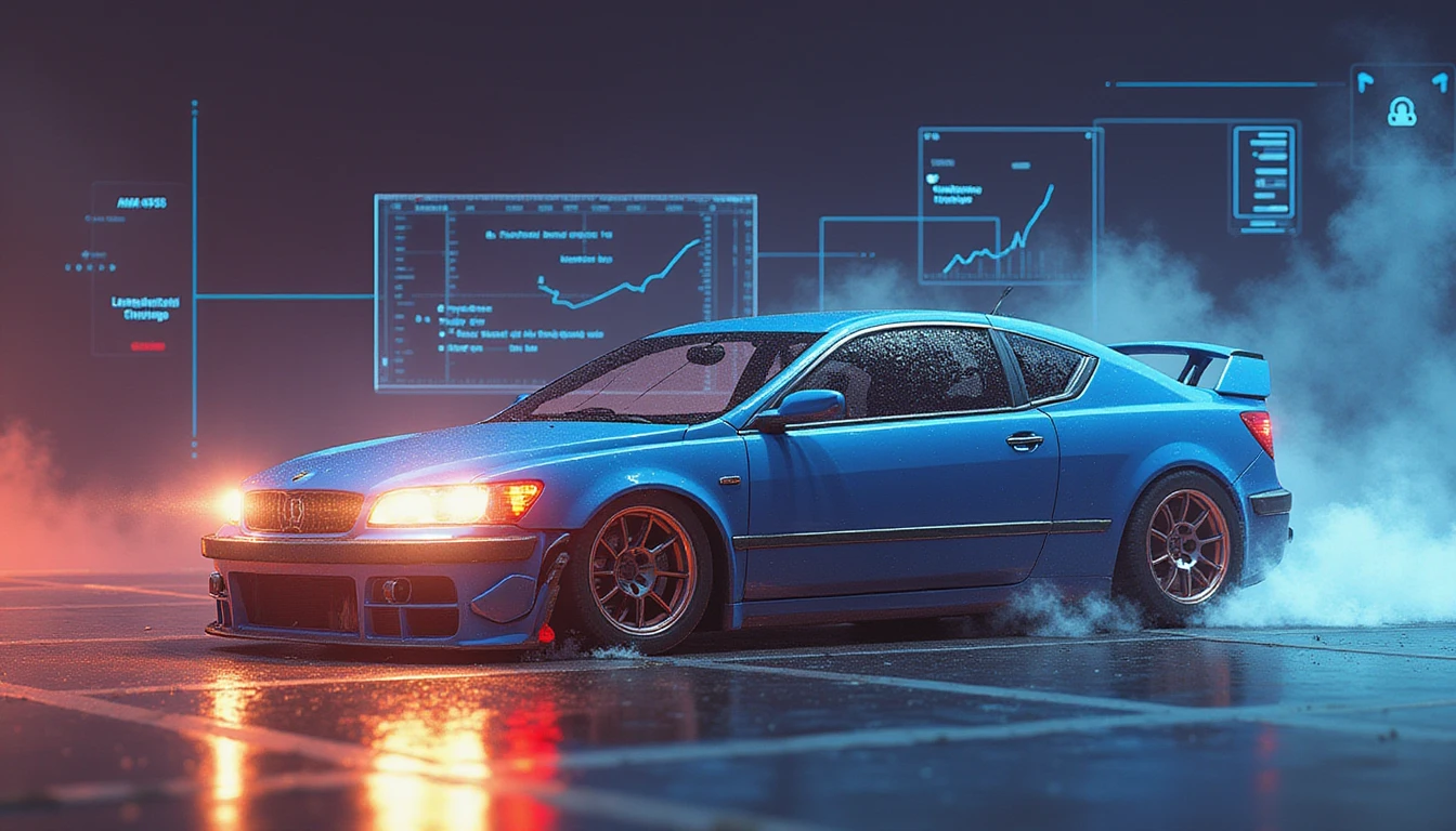 Staged car crash with AI HUD overlay showing facial recognition, heatmaps, and data flows for fraud detection analysis