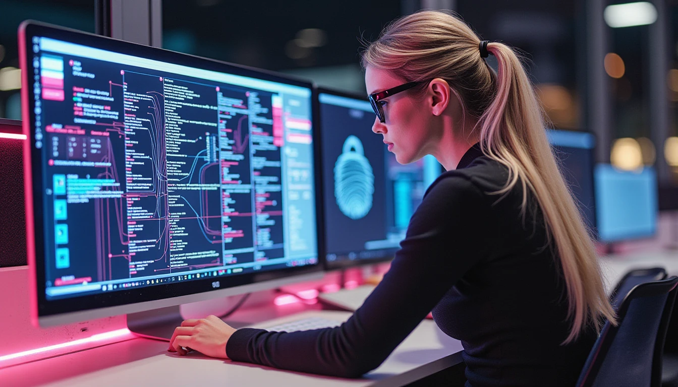 Business professional analyzes suspicious digital receipt with glowing AI overlays highlighting fraud patterns and cybersecurity elements
