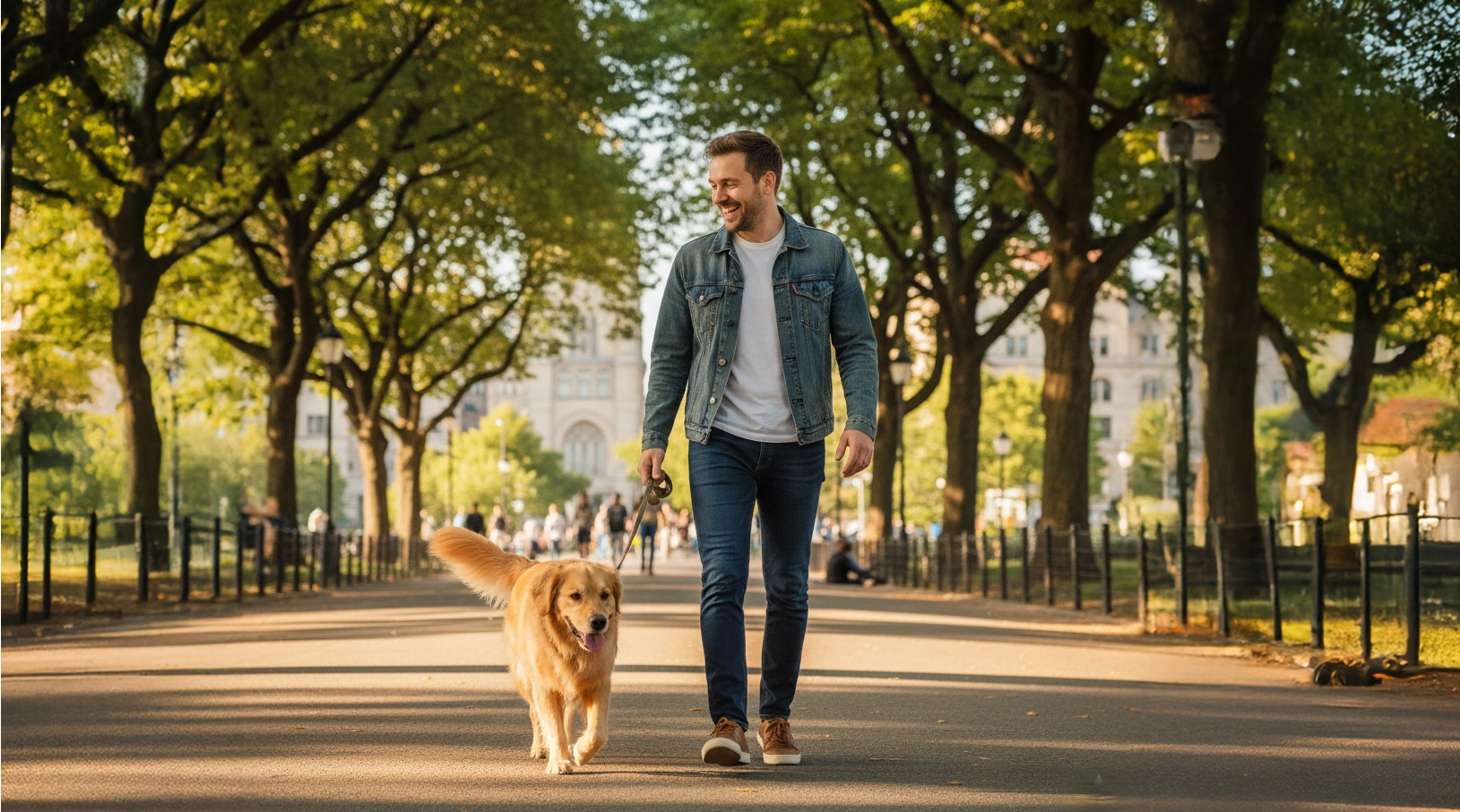 Ein glücklicher junger Mann geht mit seinem Hund spazieren, wie auf Profilen von Dating-Plattformen.