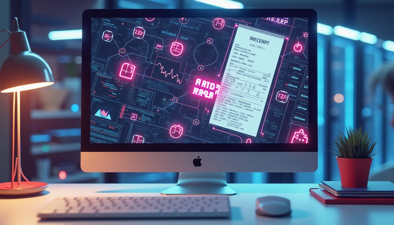 Digital workspace showing AI analyzing a receipt with neon data overlays; secure server room glows in background.
