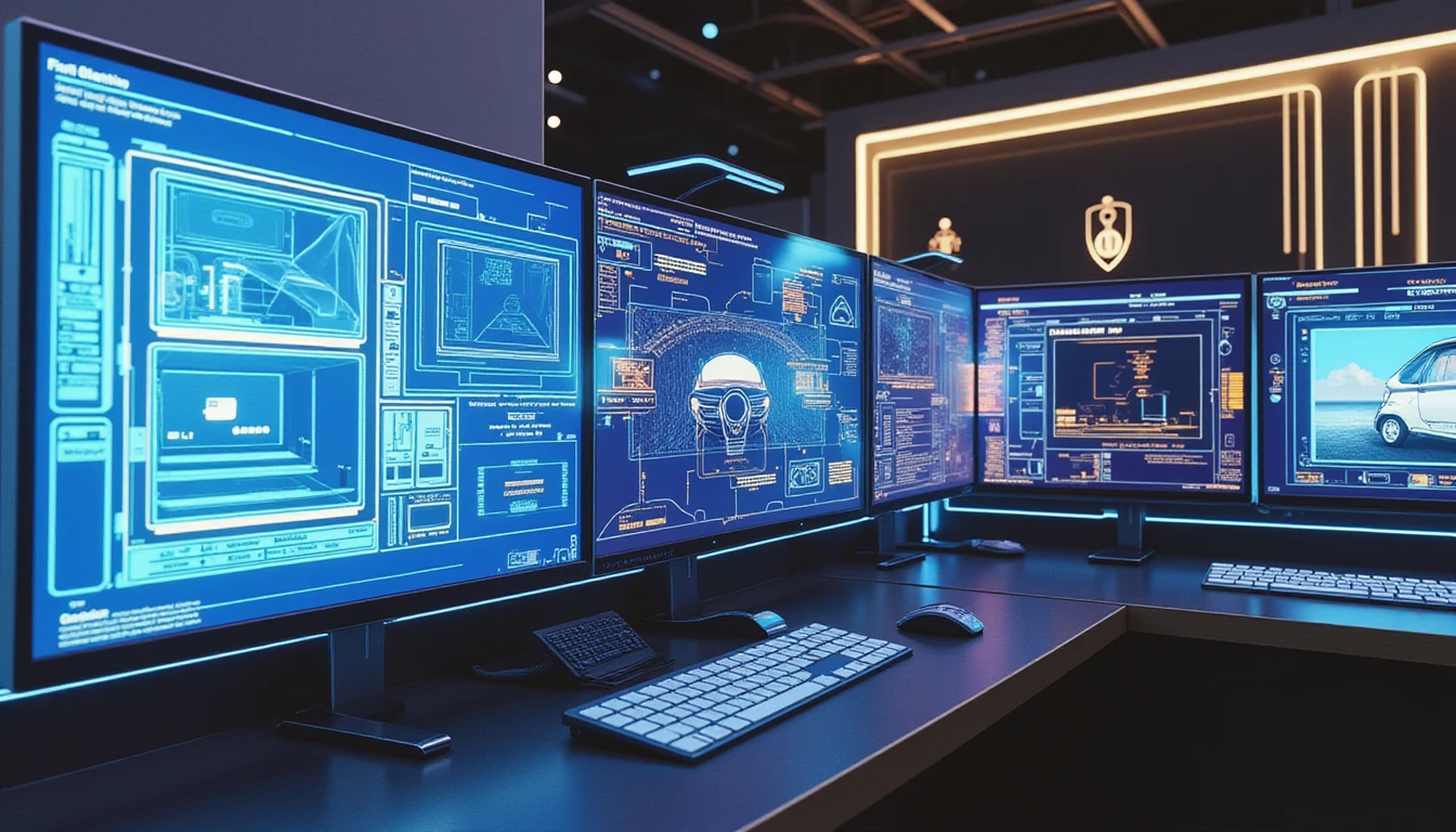 Futuristic control room with VAARHAFT's Fraud Scanner analyzing image metadata amid holographic AI detection displays