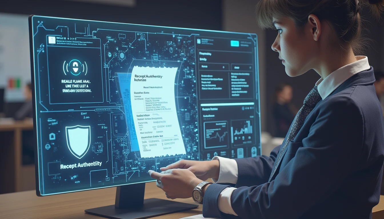 Business professional reviewing a holographic receipt with AI fraud detection visuals in a futuristic office setting
