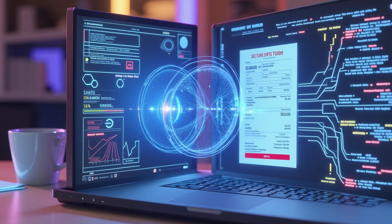 Futuristic office with neon-blue interface overlaying a floating receipt, scanned by AI iris hologram amid cyber-security visuals