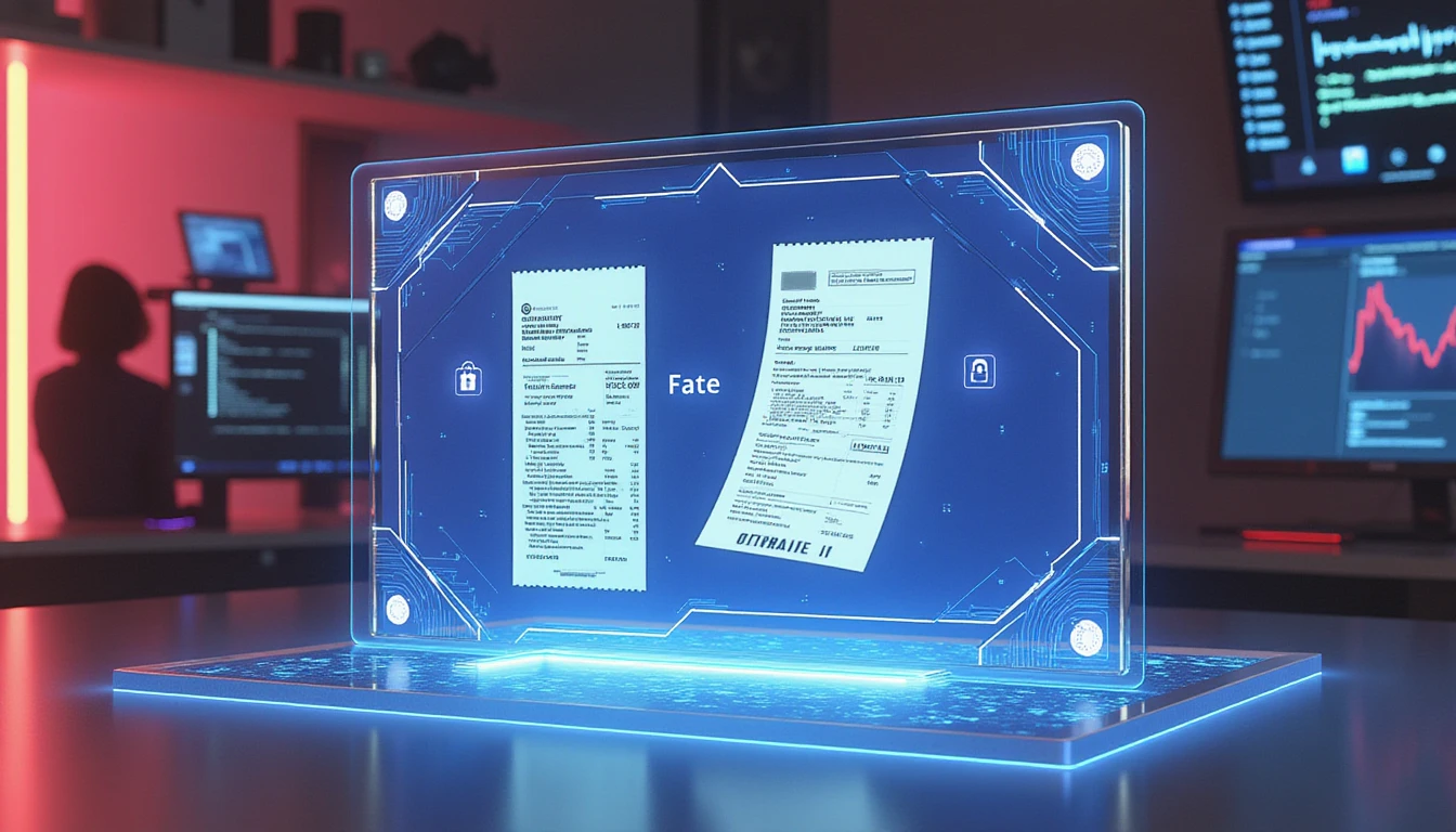 Futuristic neon-lit office with holographic fraud detection display, showing real vs fake receipts and AI-driven security analytics
