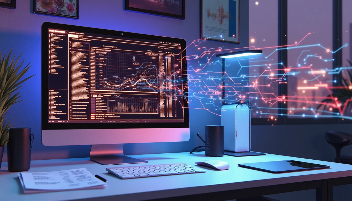 High-tech office with AI fraud detection dashboard, documents on desk, and cybernetic data flow diagram overlay