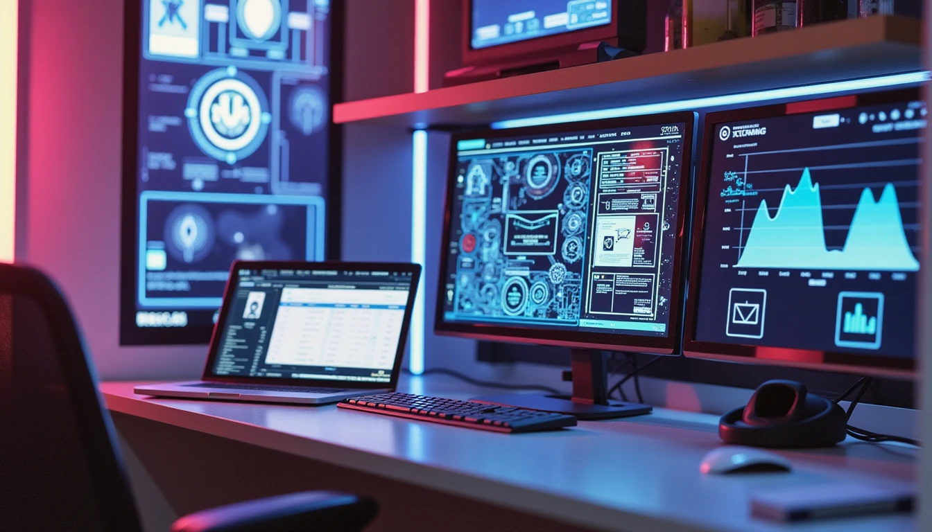 Futuristic high-tech claims office with AI analyzing documents on holographic screens; VAARHAFT Fraud Scanner active in neon-lit scene