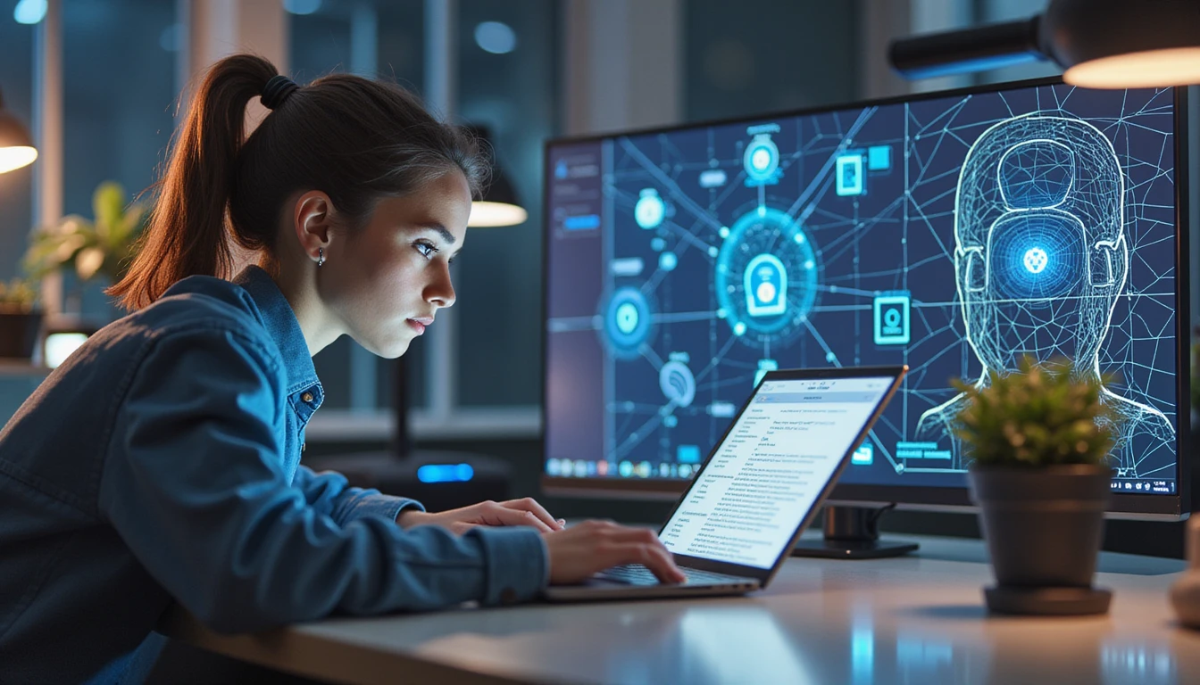 Young woman at desk using dating app on laptop, with futuristic cybersecurity graphics symbolizing online safety and digital identity.