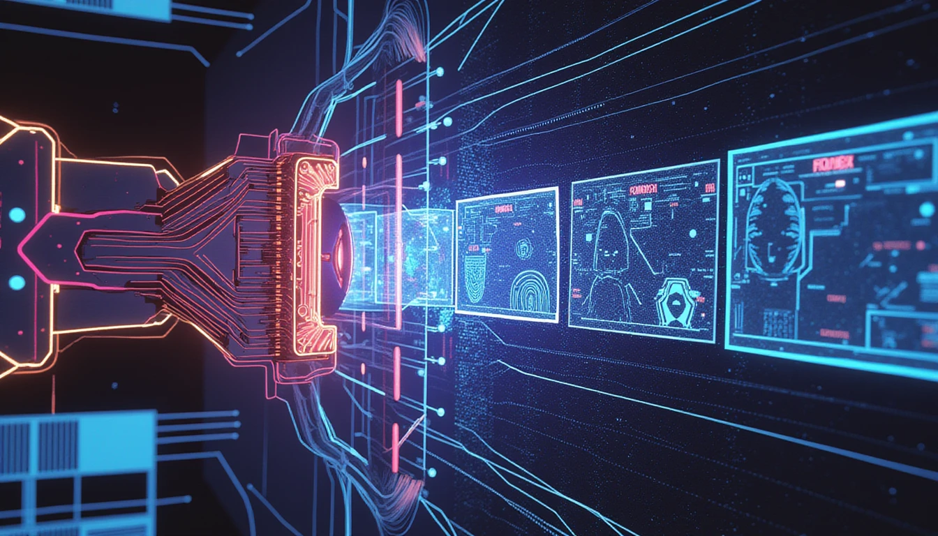 Futuristic digital scanner detects fraud in insurance data amid neon-lit circuits, deepfake fragments, and secure GDPR-compliant flows