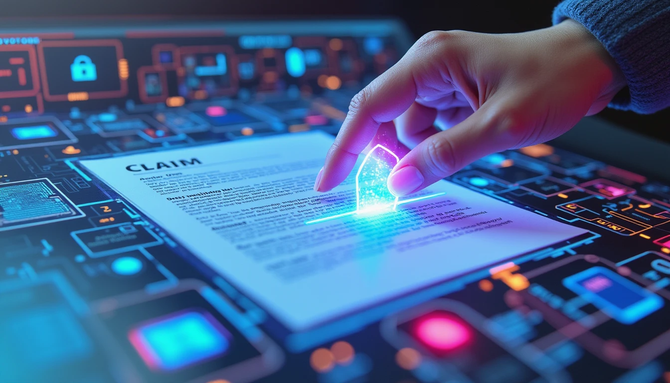 Holographic fraud scanner flags tampered claim over digital insurance doc, with neon AI security and deepfake detection elements