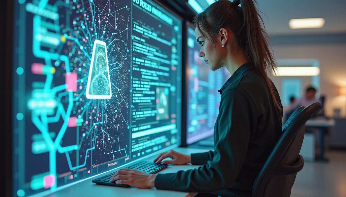 Analyst reviews flagged image on digital interface with deepfake detection overlay in high-tech insurance fraud office.