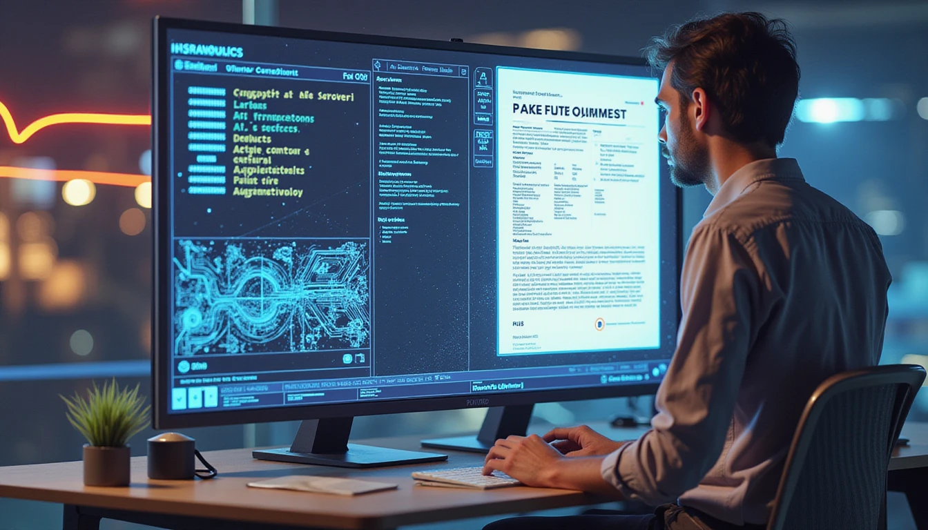 Insurance fraud analyst using neon holographic interface to identify fake proof of address via advanced AI-driven analysis