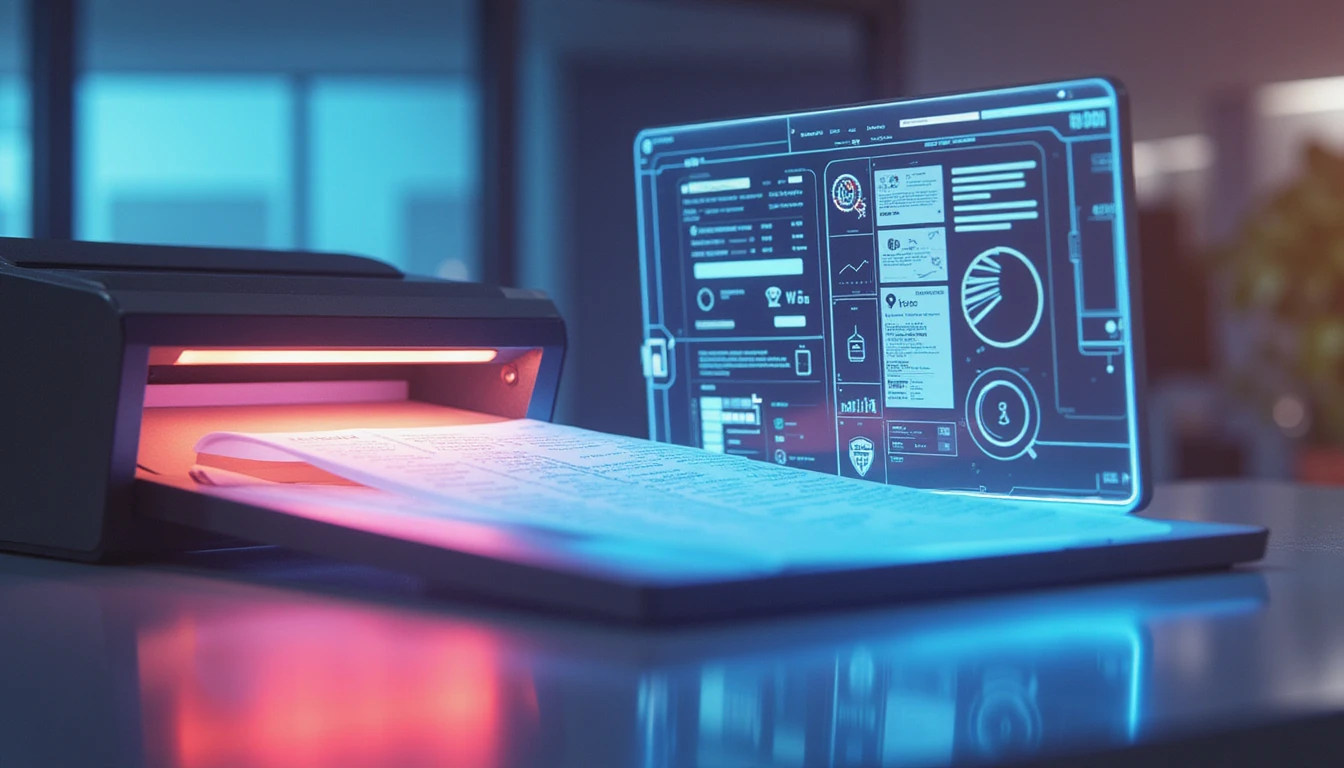 Futuristic office with glowing API data flow overlay, scanning document, and fraud detection metrics on transparent screen
