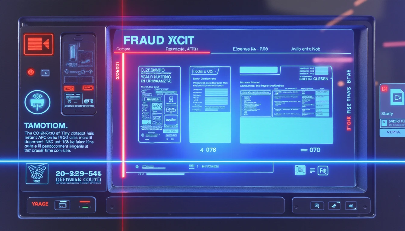 Ultrarealistic AI-driven fraud detection interface scanning digital insurance documents with neon beams, highlighting tampered data.