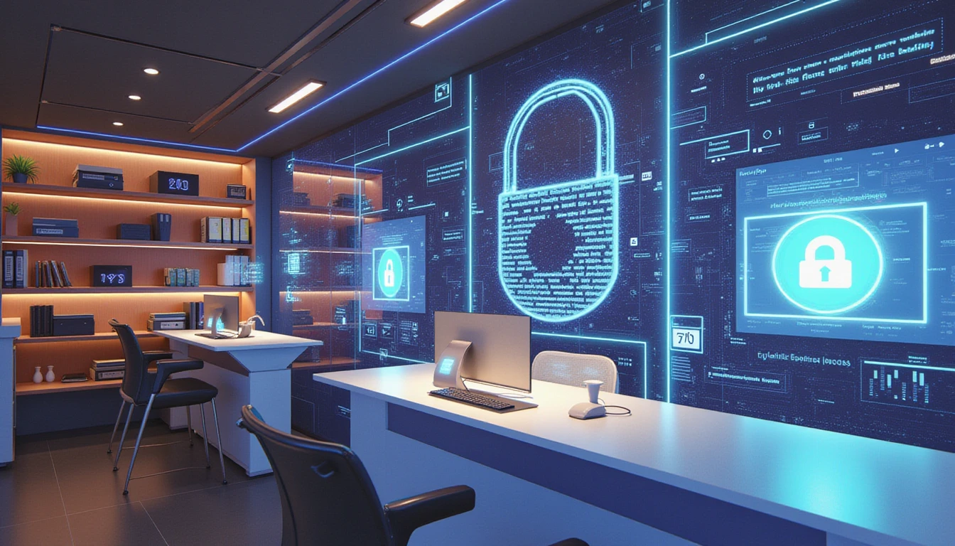 Futuristic insurance office with glowing AI fraud scanner, biometric overlays, and holographic data symbolizing secure, seamless claims processing