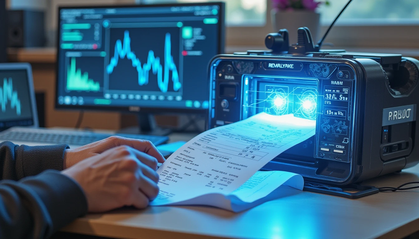 Hands scanning a receipt with a neon-lit AI device at a futuristic desk analyzing data for expense fraud detection