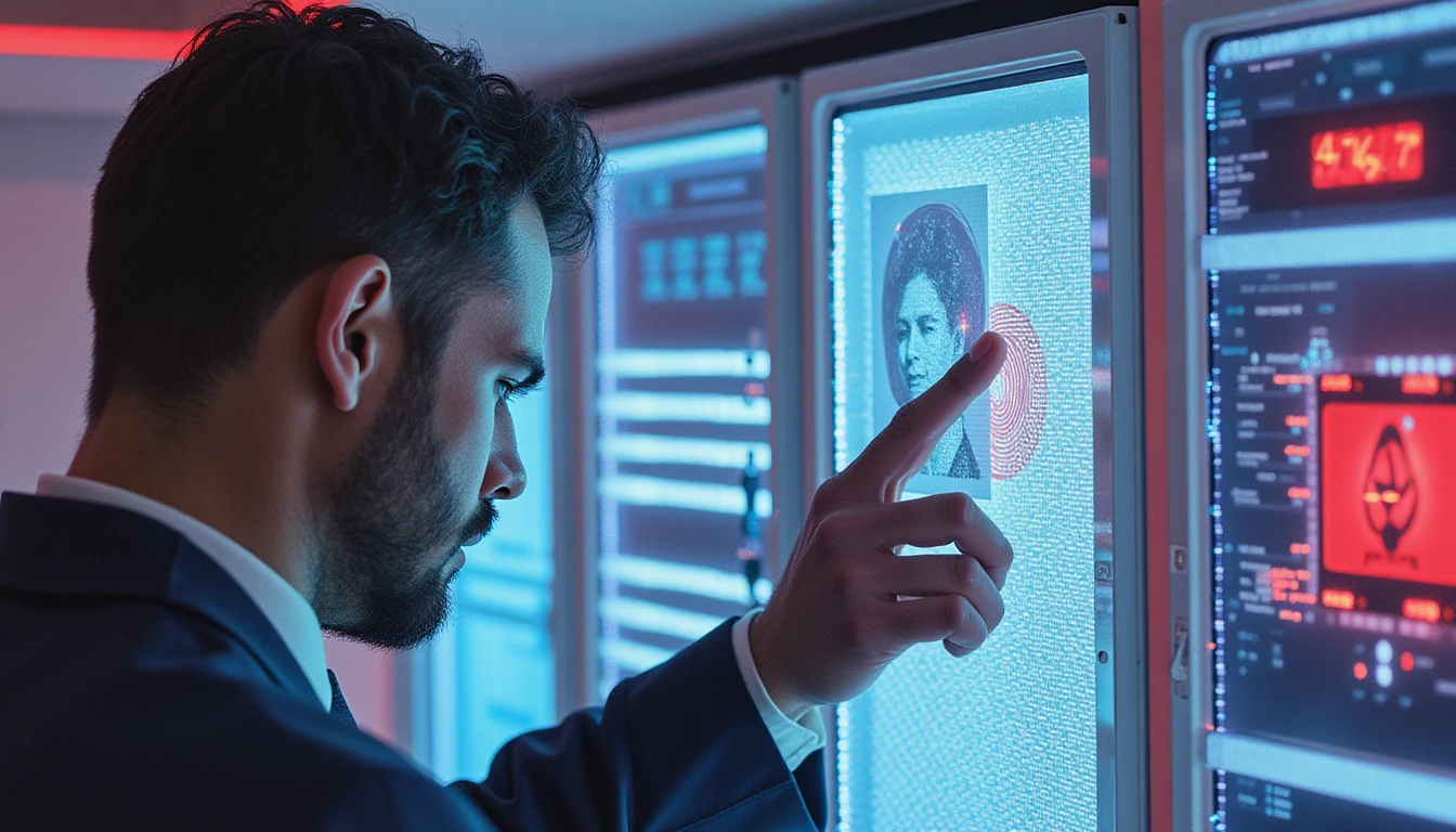 Professional examines holographic AI face scan with fraud alerts in neon-lit office, highlighting deepfake detection technology
