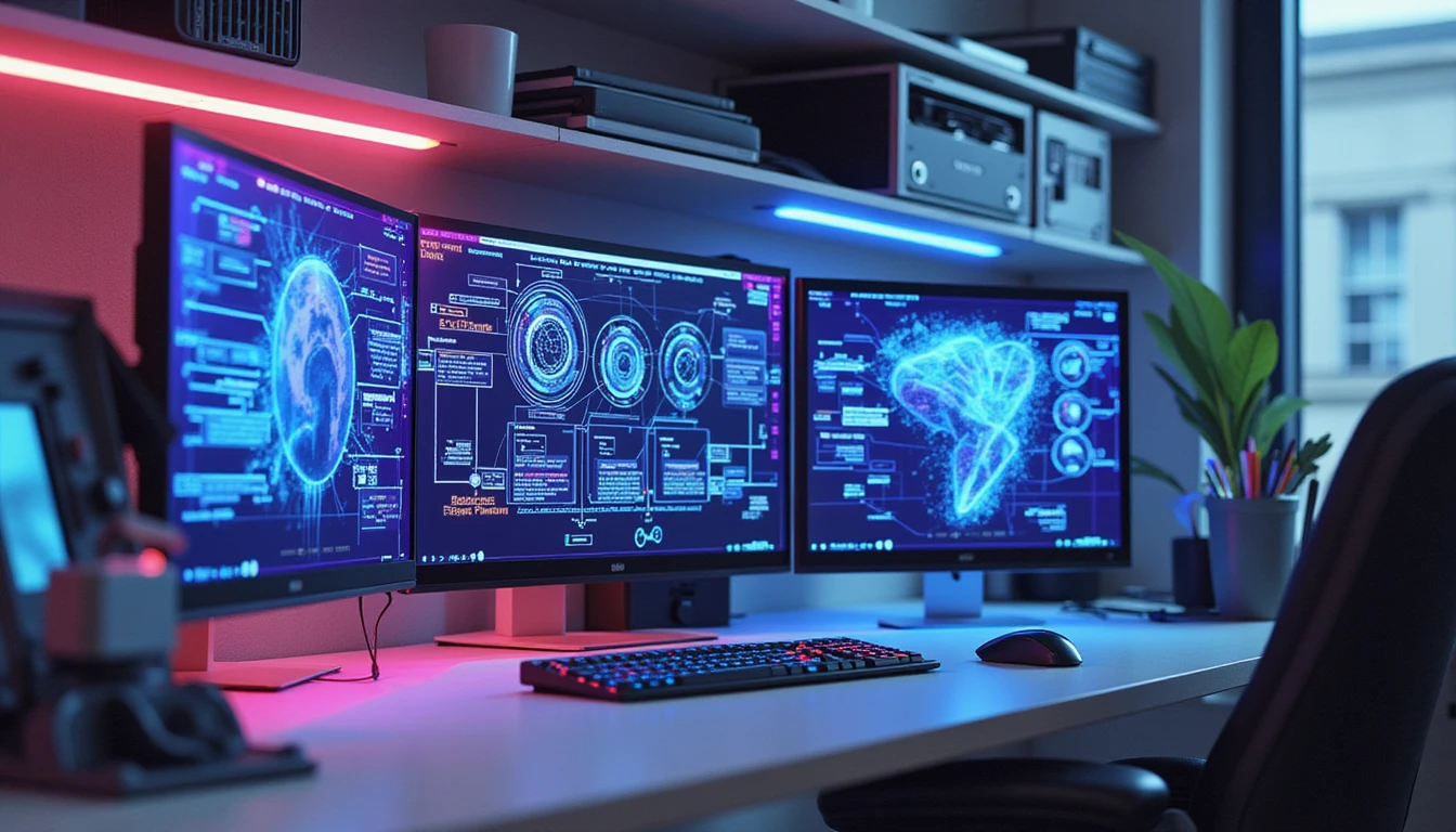 Futuristisches Büro mit KI-Dashboards, neonbeleuchteten Datenflüssen und Versicherungsexperten, die Betrugserkennungssysteme überwachen