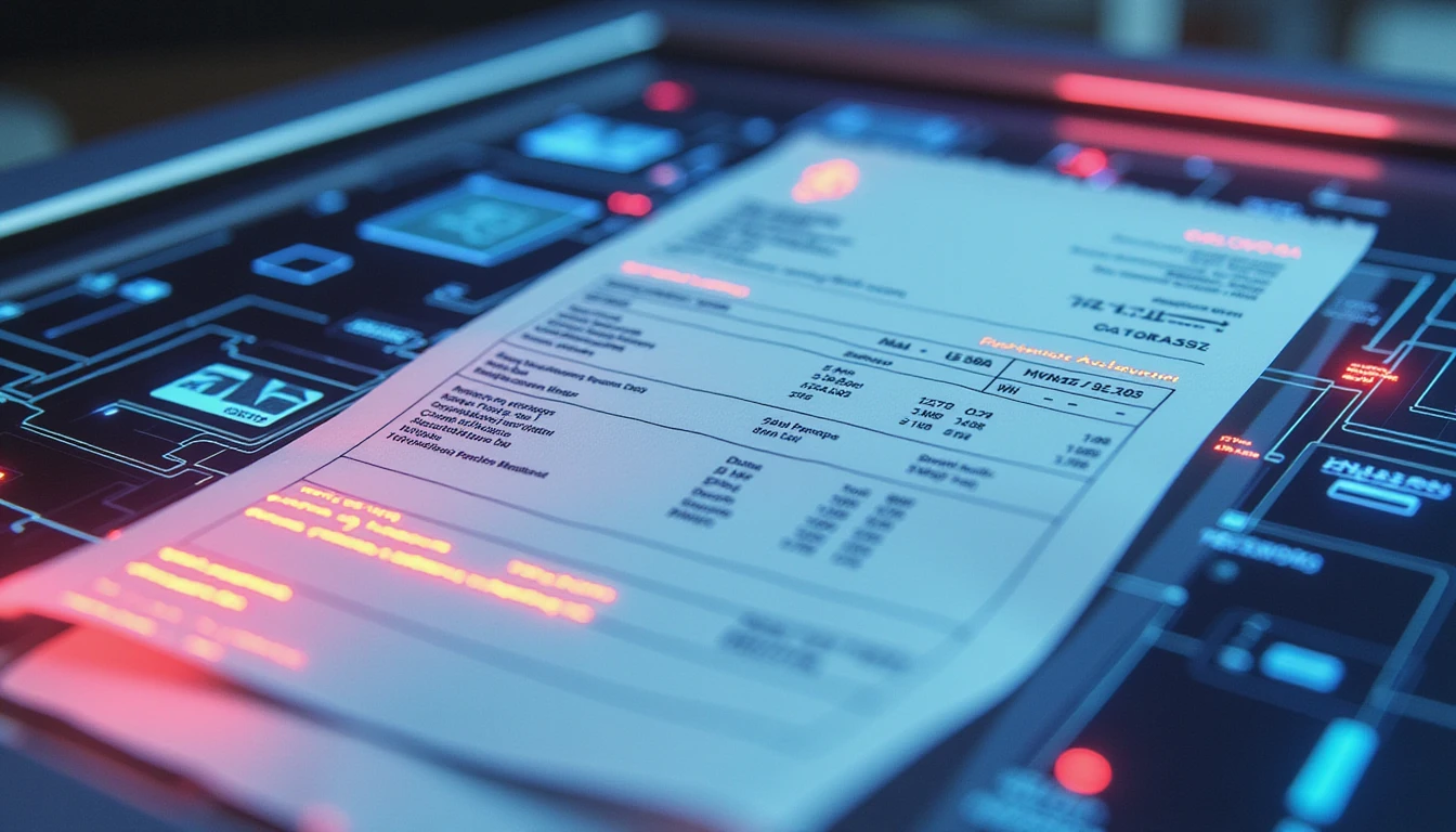 Close-up of a glowing digital receipt scanned under AI interface with anomaly flags and a futuristic data grid background