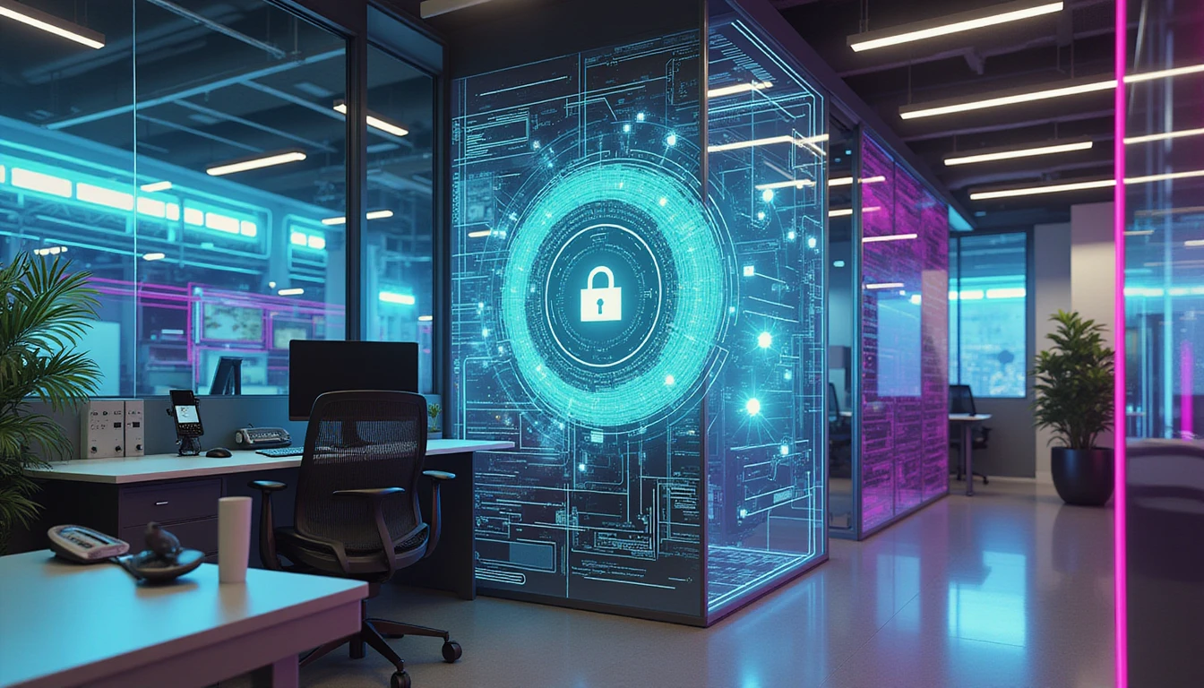 Futuristic AI-driven fraud detection system analyzing insurance claims with glowing holographic data streams and security nodes in a neon-lit office.