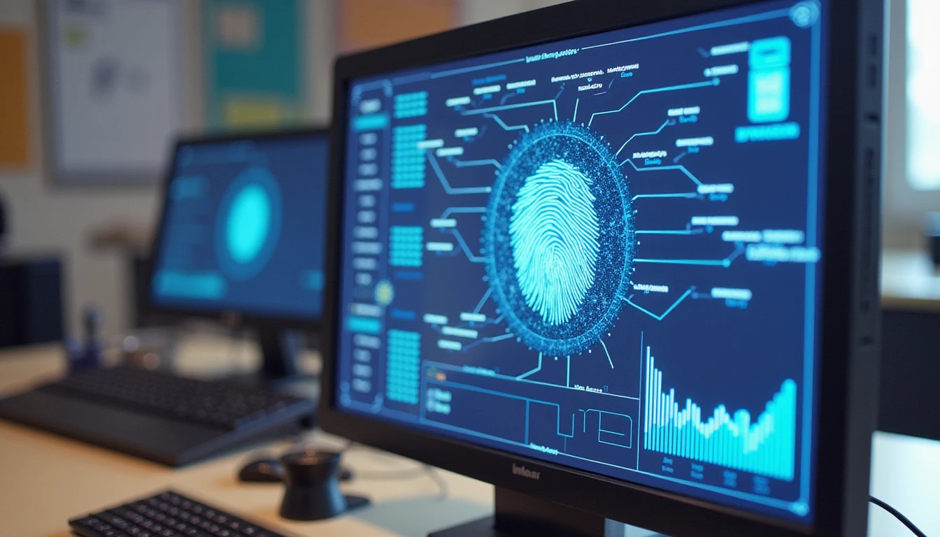 Futuristic digital desk showing AI-driven system analyzing receipts with neon data streams and fraud detection overlays
