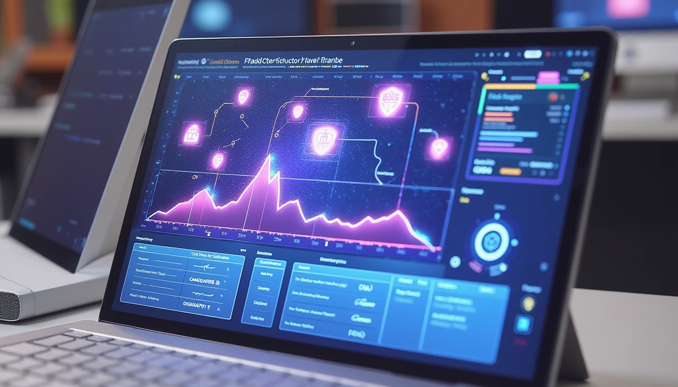 Close-up of a digital interface showing AI fraud alerts, with holographic data flow and compliance symbols in a futuristic office setting.