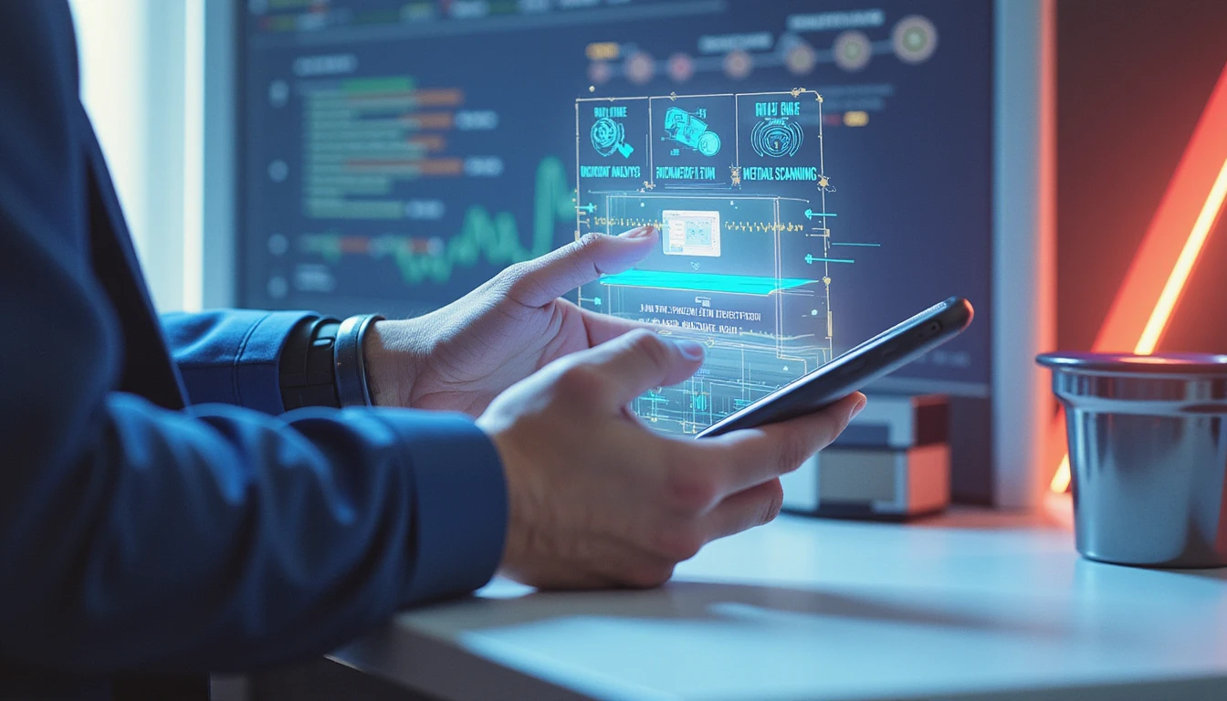 Professional using a sleek insurance app with holographic AI fraud detection features in a neon-lit, futuristic office setting