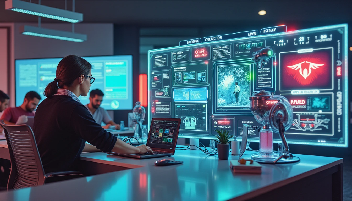 Futuristic insurance office with professionals analyzing claims on transparent screens amid digital fraud detection overlays