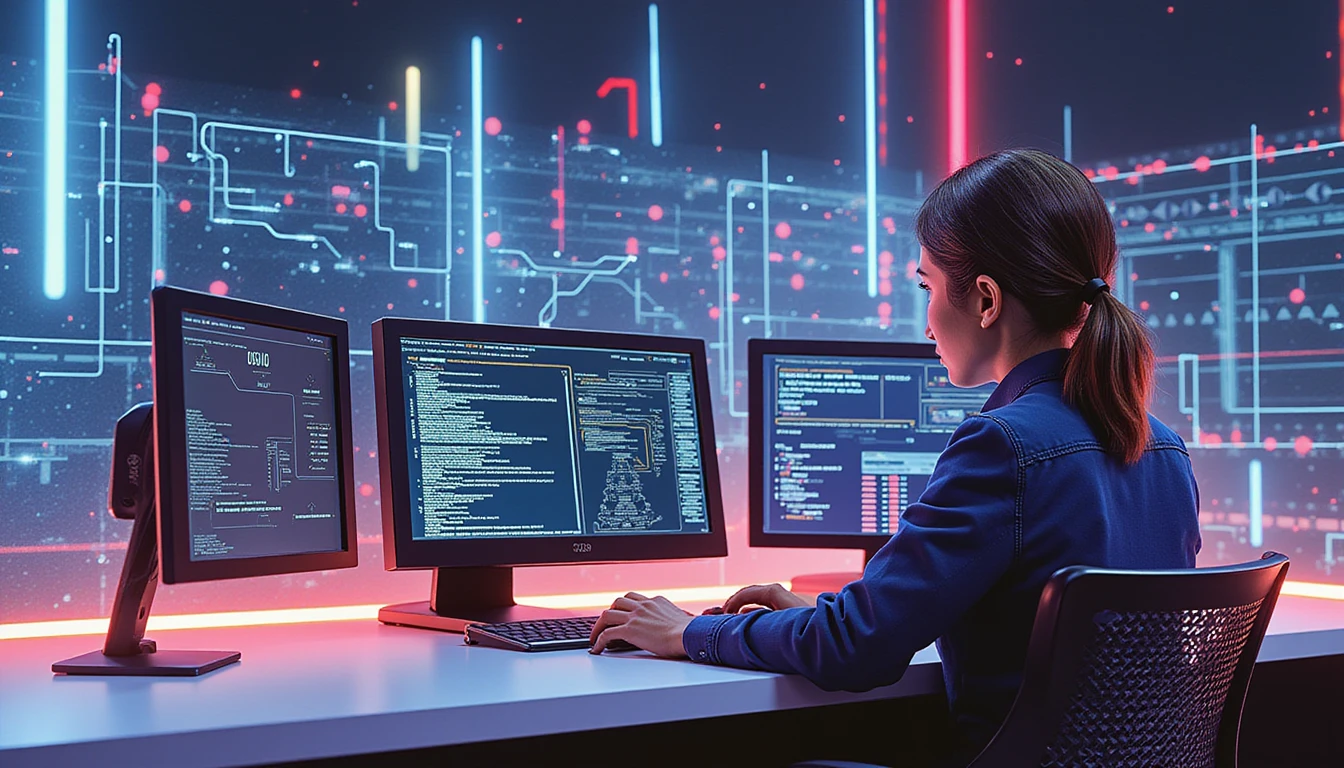 A futuristic insurance claims analyst uses AI-powered forensics at a high-tech workstation, detecting fraud with glowing holographic scans.
